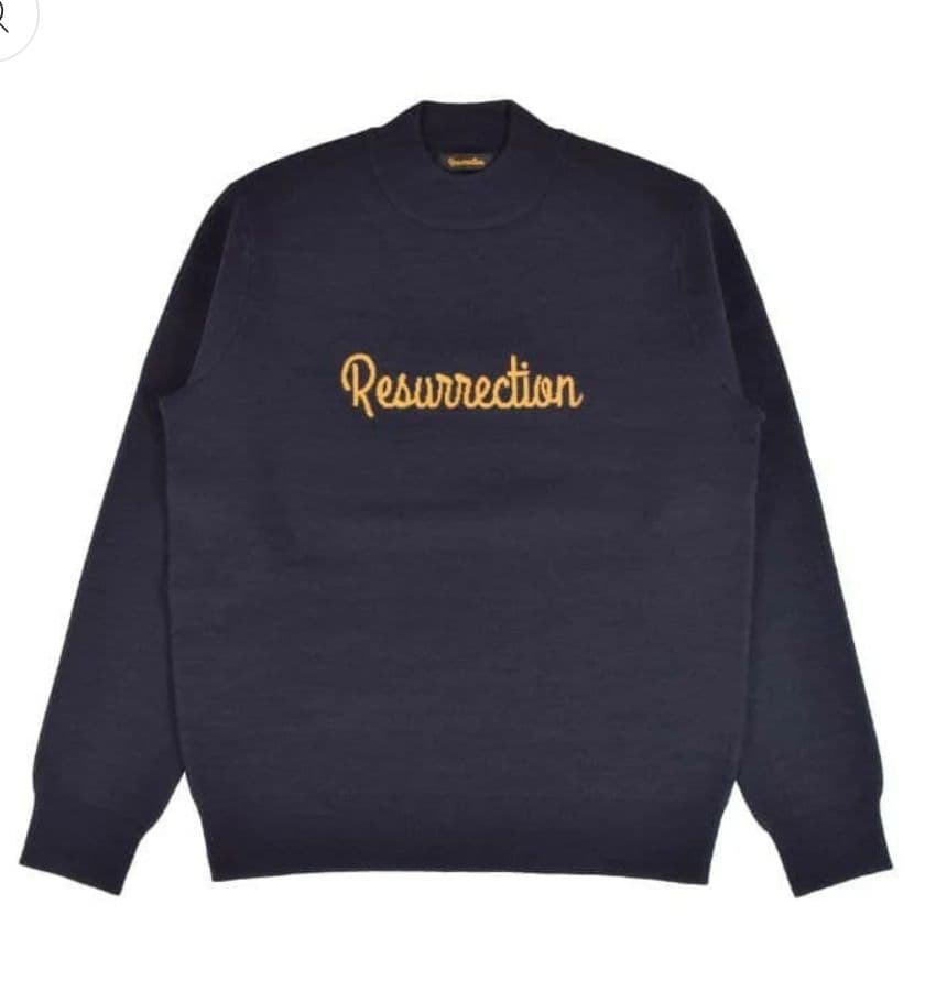 Resurrection☆ロゴジャガードモックネックニットメンズLネイビー×黄