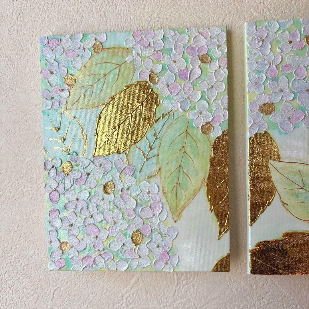 爽やかな風に揺れる紫陽花 テクスチャーアート 3枚セット 原画ゴールドリーフ