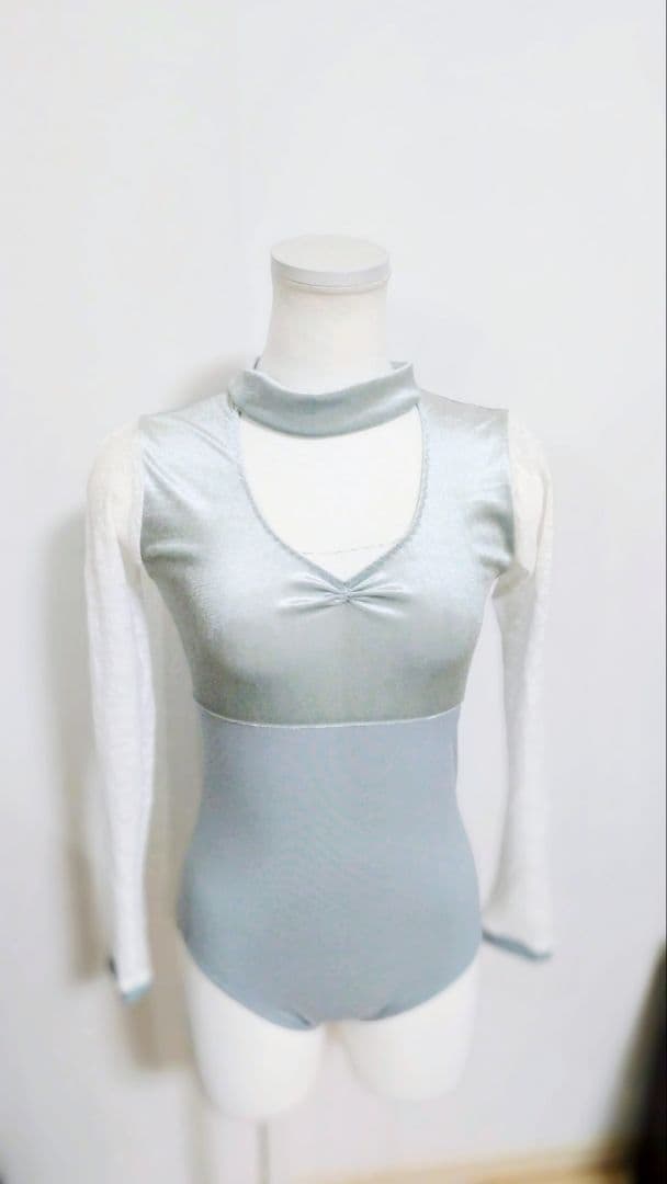 Ｓ～Ｍ／雪の女王様風アイスグリーンの長袖レース、チョーカーリボン娘役レオタード