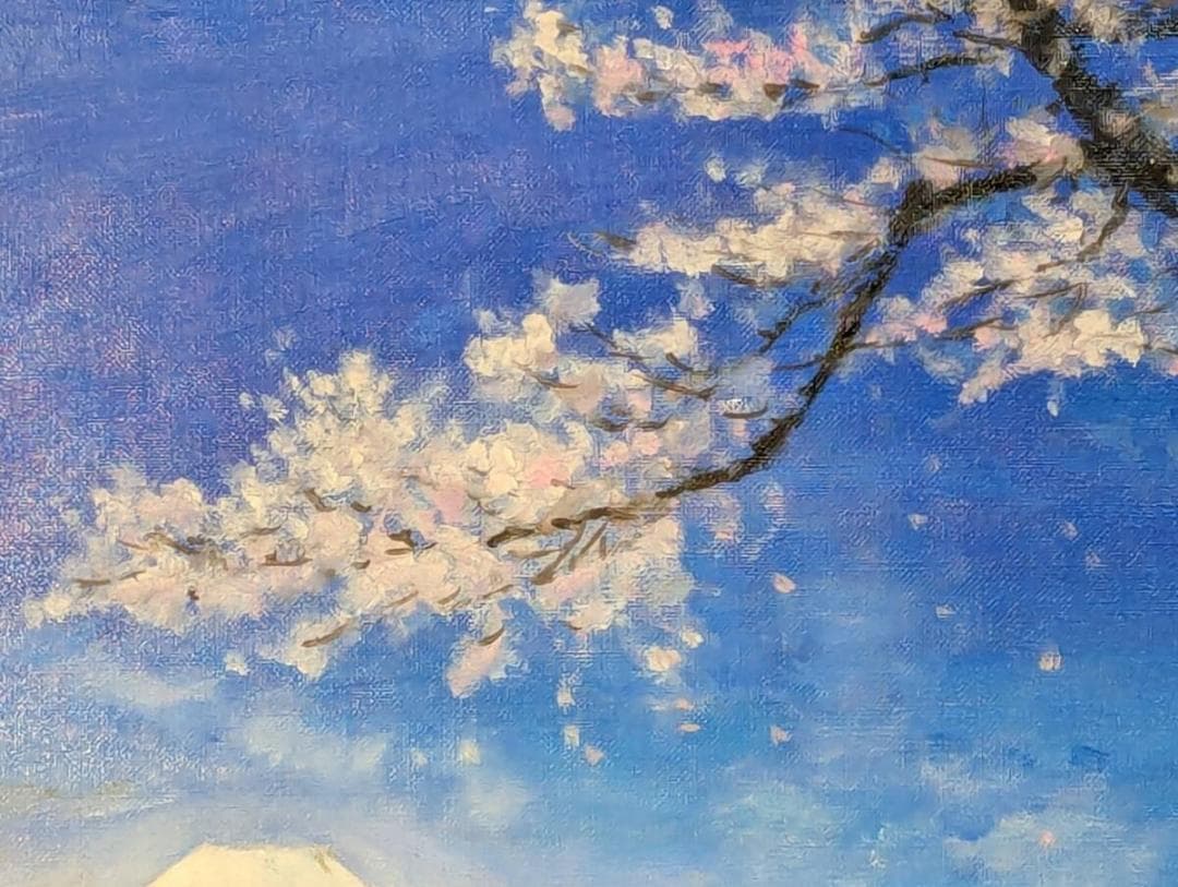 【真作】絵画　油彩6号　富士山と桜の風景画　油彩画　額装品　Z139