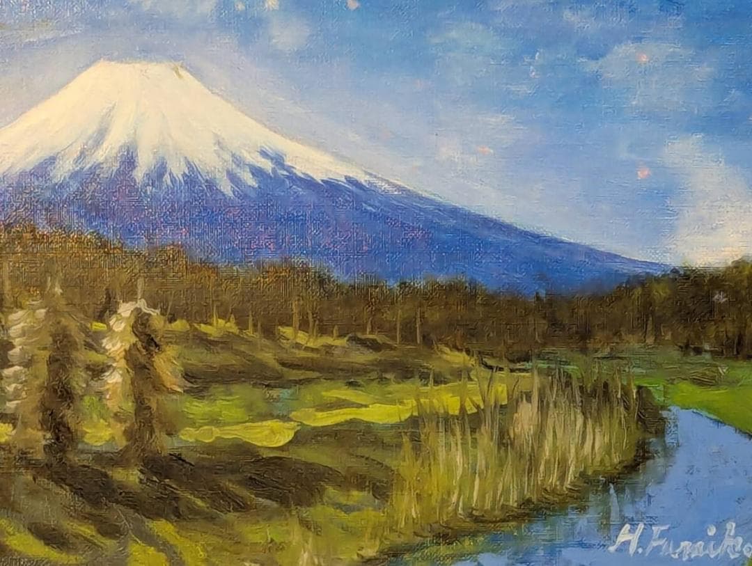 【真作】絵画　油彩6号　富士山と桜の風景画　油彩画　額装品　Z139