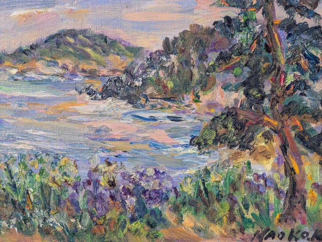 【真作】絵画　加藤直子　油彩3号　雄島遠望　花咲く岬の風景　Z166