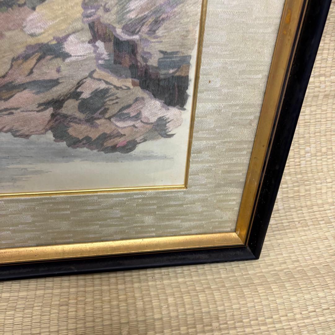 刺繍絵画 山水画 松園作 額装 大型 和風アート 日本画 風景画 壁掛け和モダン