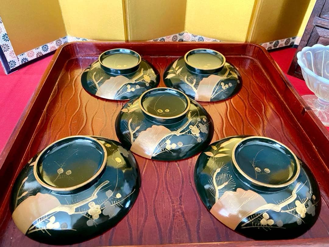 アンティーク 明治 天然木 青塗内朱 金蒔絵 松竹梅 金縁 蓋付 お椀 5客