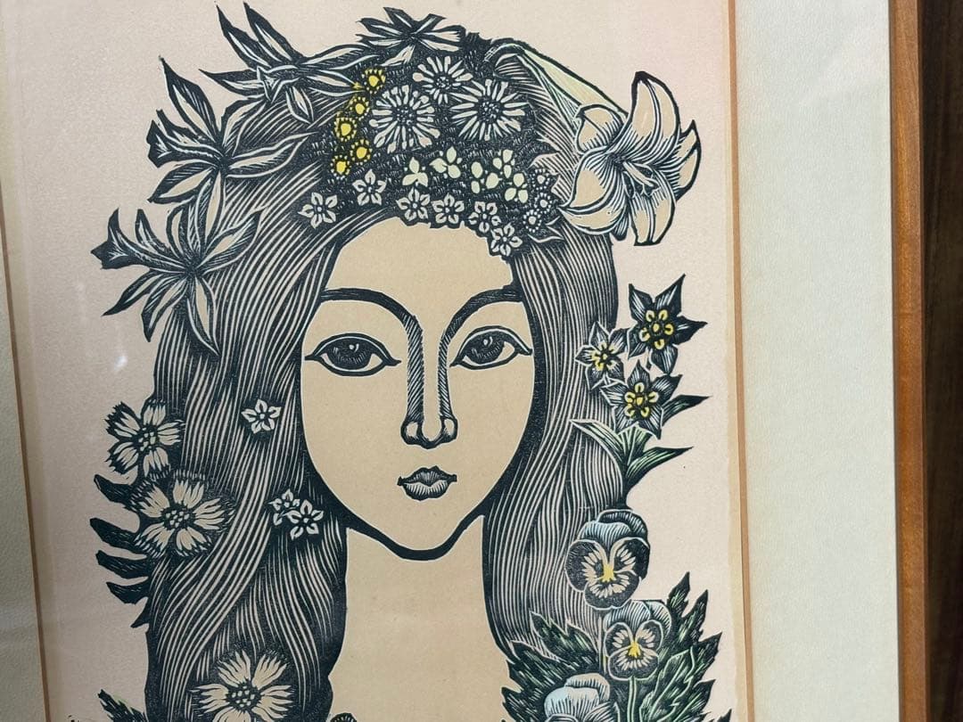 手島圭三郎 木版画 花の少女 直筆サイン 限定34/100 額装 木版画