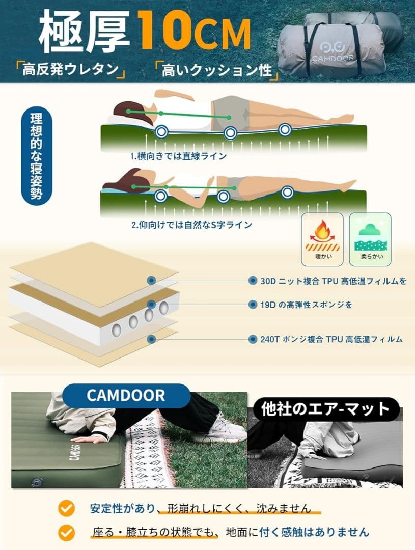 【新品】CAMDOOR インフレーターマットDX シングル 自動膨張 10cm厚