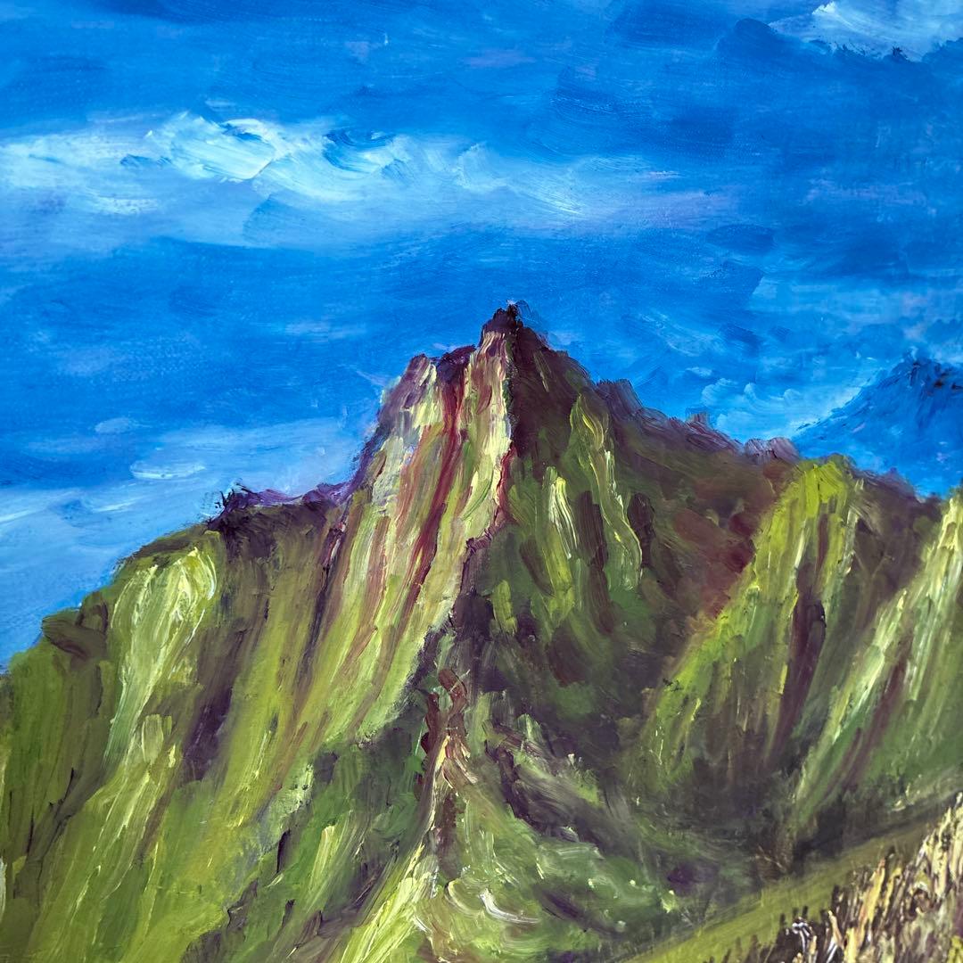 油彩画 山の風景 赤い屋根の小屋