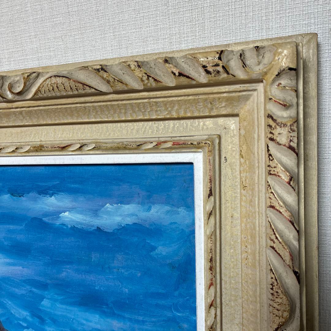 油彩画 山の風景 赤い屋根の小屋
