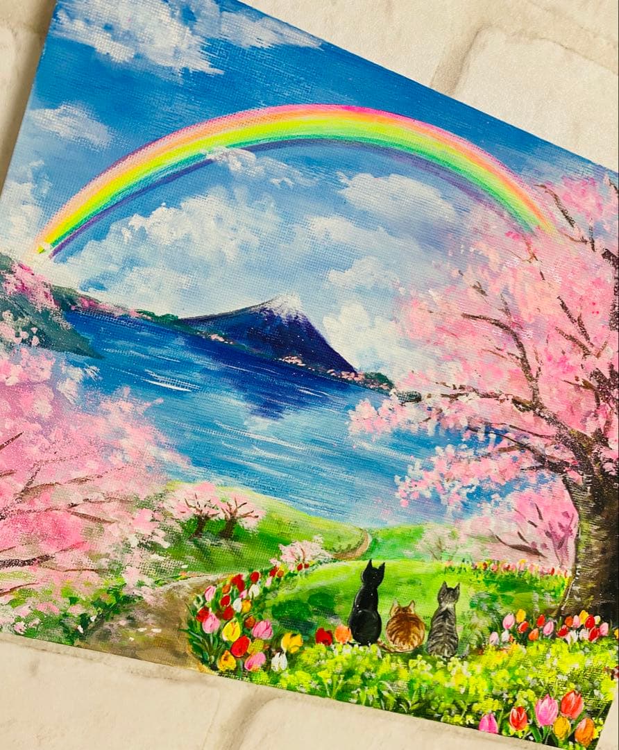 虹の富士山と桜丘の猫 開運絵画