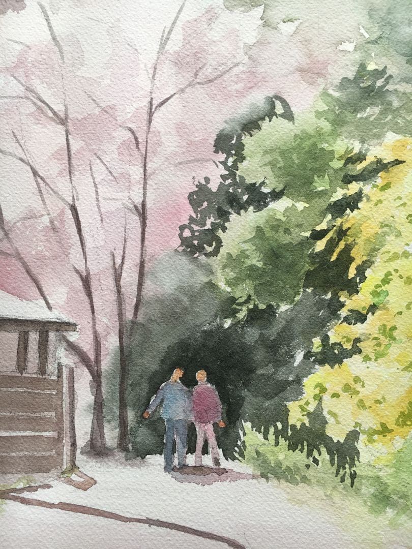 透明水彩画原画桜と山吹の散歩道