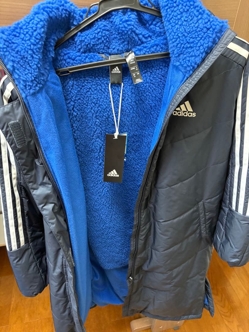 adidas フリース裏地 ロングベンチコート ネイビー 新品タグ付き150㎝