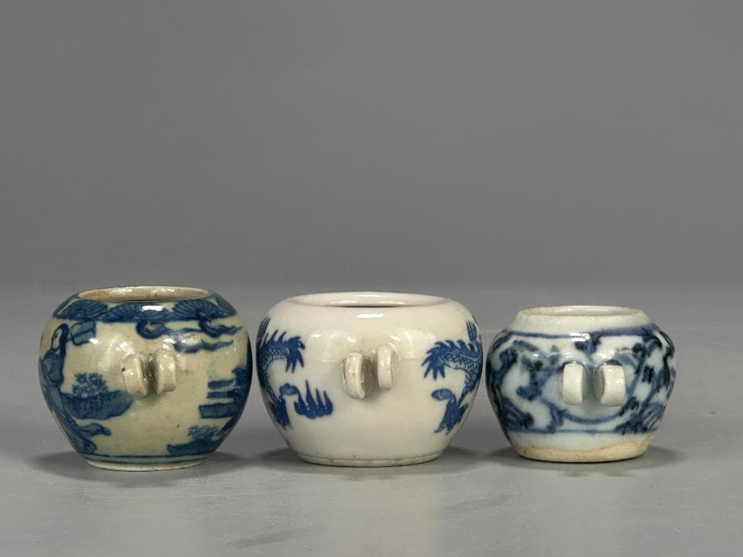 UM20-2U中国美術　景徳鎮窯　青花龍文　人物画　鳥食罐小壺　唐物　3点まとめ