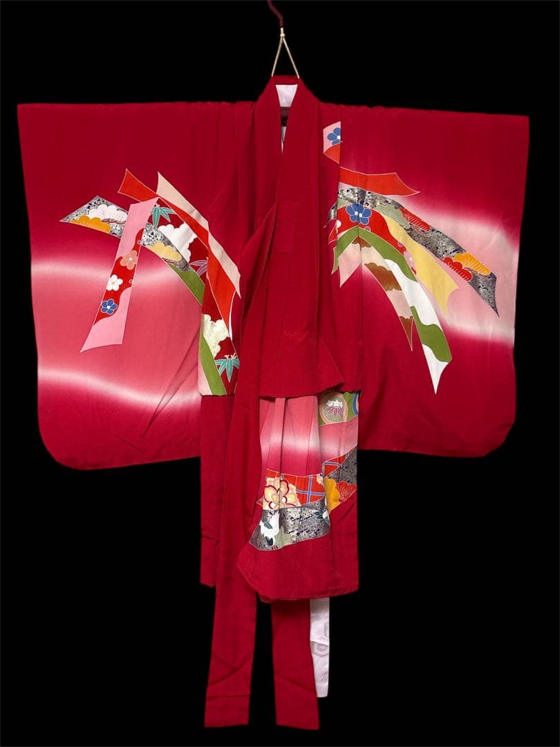 七五三 女の子 三歳 祝着 赤系 豪華友禅柄　正絹着物