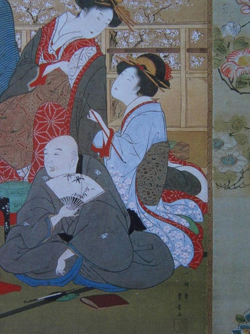歌川豊広、【観桜酒宴図】、希少画集画より、状態良好、新品高級額装付