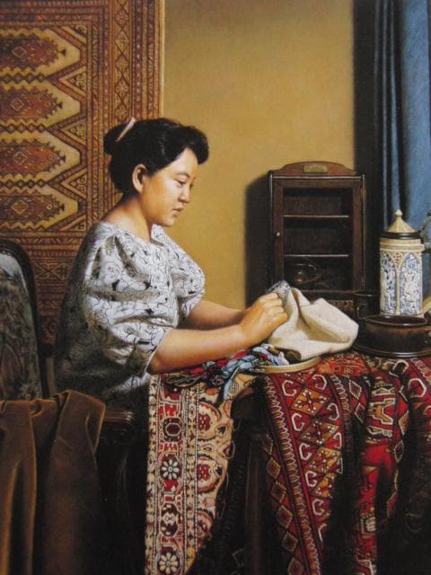 山中雅彦、【刺繍する娘】、希少な大判額装用画集より、美品、日本人画家