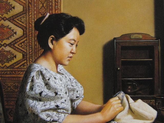 山中雅彦、【刺繍する娘】、希少な大判額装用画集より、美品、日本人画家