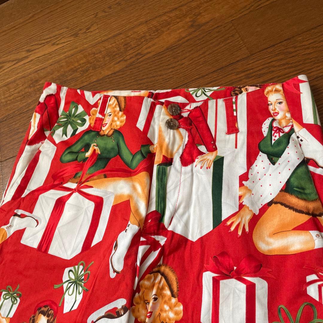 美品 LOUDMOUTH ラウドマウス ロングパンツ 総柄 レッド系　Xmas