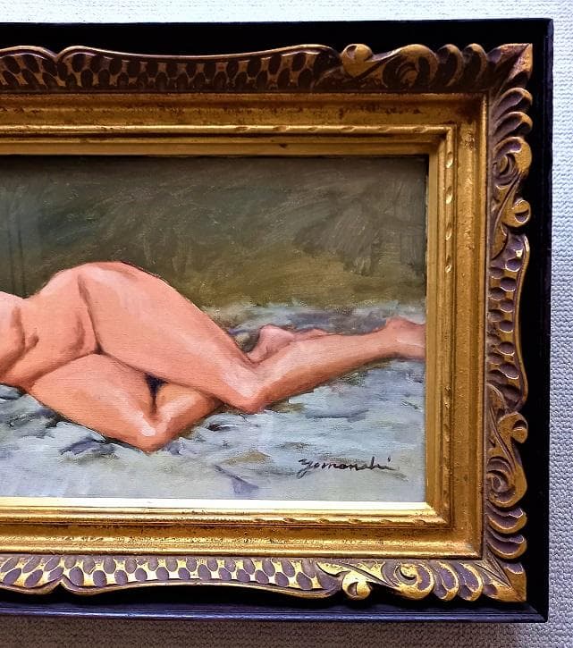 時代物油彩画　作者不詳サインあり　タイトル「横たわる裸婦」金のアンティークな額