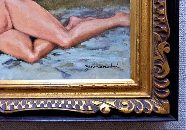 時代物油彩画　作者不詳サインあり　タイトル「横たわる裸婦」金のアンティークな額
