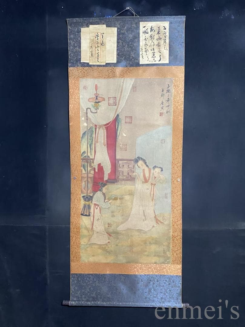中国古美術『明代様式 唐寅款 人物画』大型中堂画 掛軸 宣紙 表装済 盒入 模写