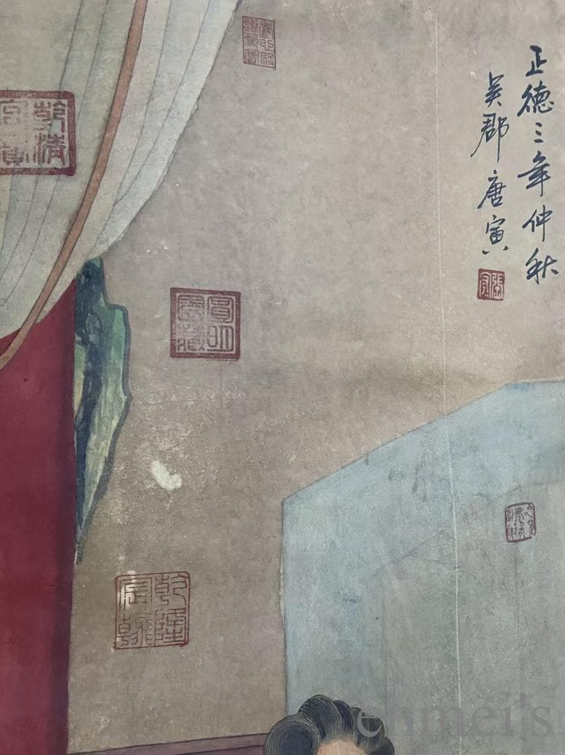 中国古美術『明代様式 唐寅款 人物画』大型中堂画 掛軸 宣紙 表装済 盒入 模写