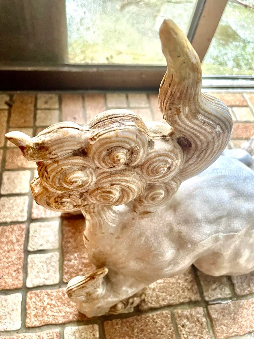 【特大40cm】作家物 獅子 置物 銘あり 狛犬 骨董 細工物 陶器 魔除け