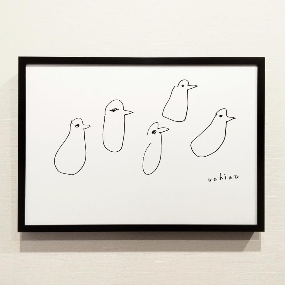 内野隆文　とりのマーチ　鳥　絵画　ドローイング　ペン画　現代アート　額縁　真作