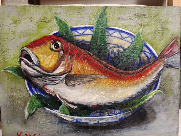 現代美術家集委員　創造美術協会会員　内樋悠次郎　鯉　油絵　豪華額装　肉筆　サイン