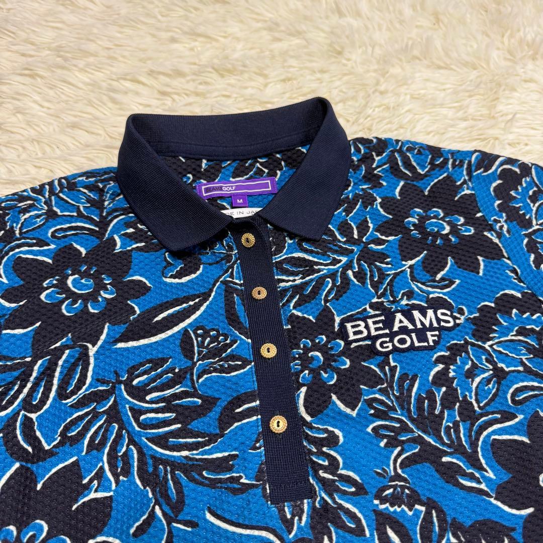 【ビームスゴルフ】美品 ポロシャツ ブルー 花柄 シアサッカー M メンズ