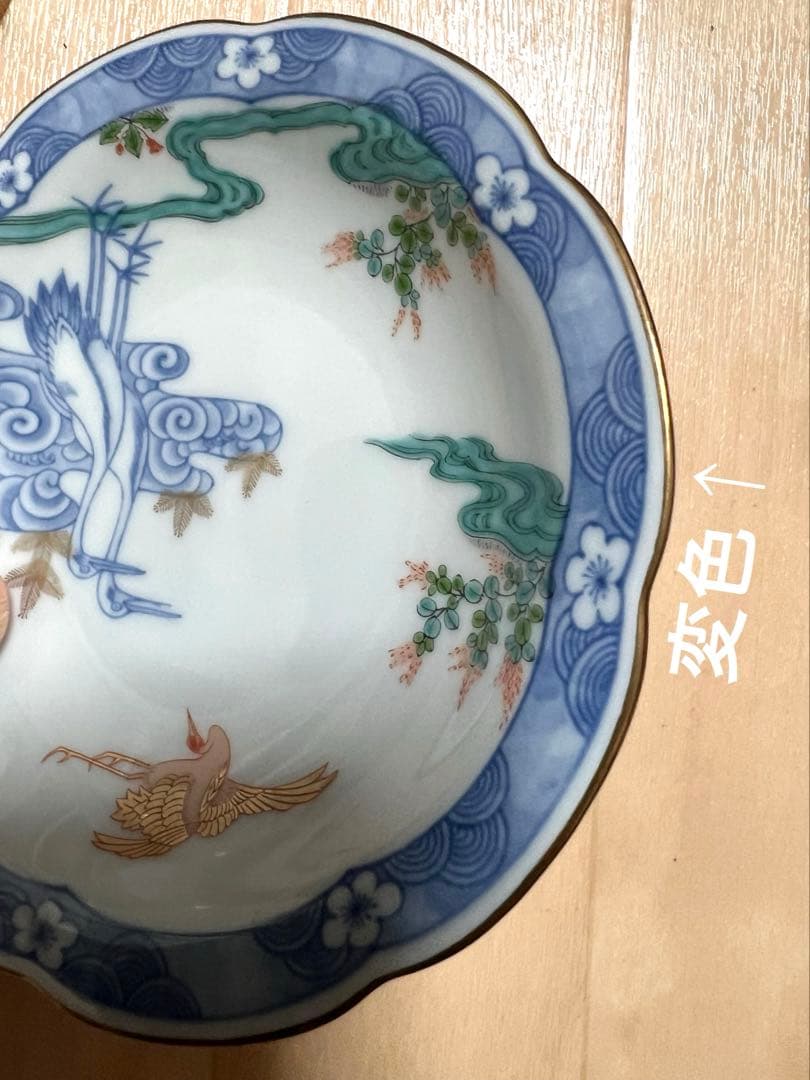 明彩瓷　古伊万里　色絵 染錦鶴文　高台皿　５枚揃