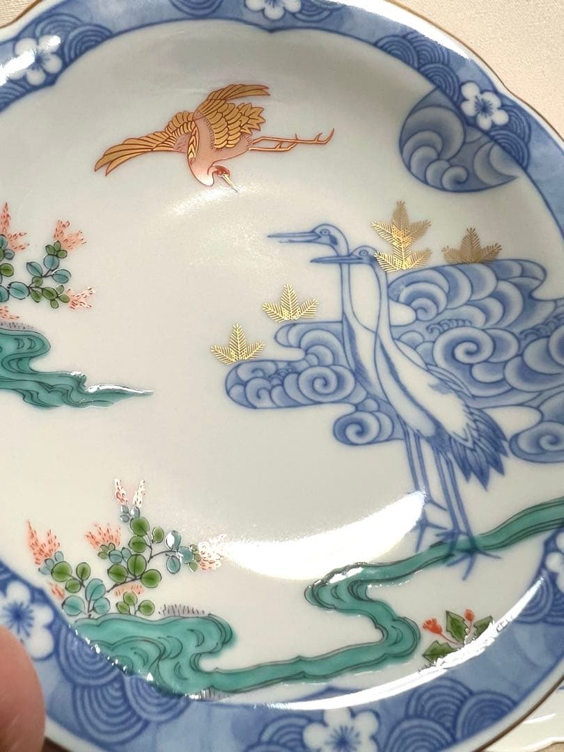 明彩瓷　古伊万里　色絵 染錦鶴文　高台皿　５枚揃