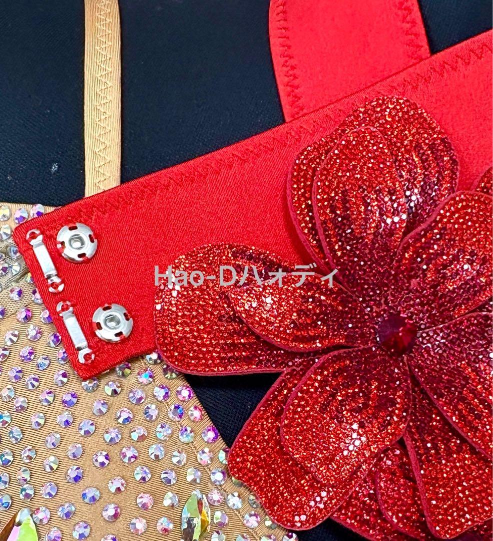新品★ストーン付き立体フラワーベルト★しっかり縫製★伸縮★ダンスドレス★レッド
