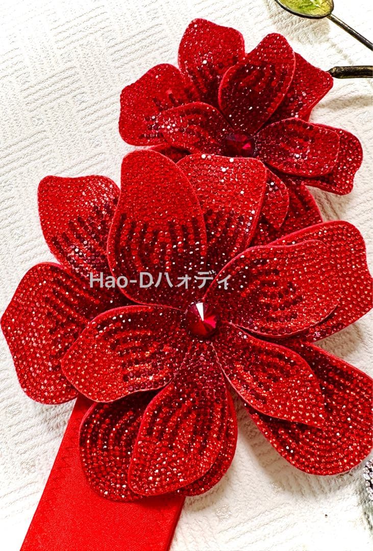 新品★ストーン付き立体フラワーベルト★しっかり縫製★伸縮★ダンスドレス★レッド