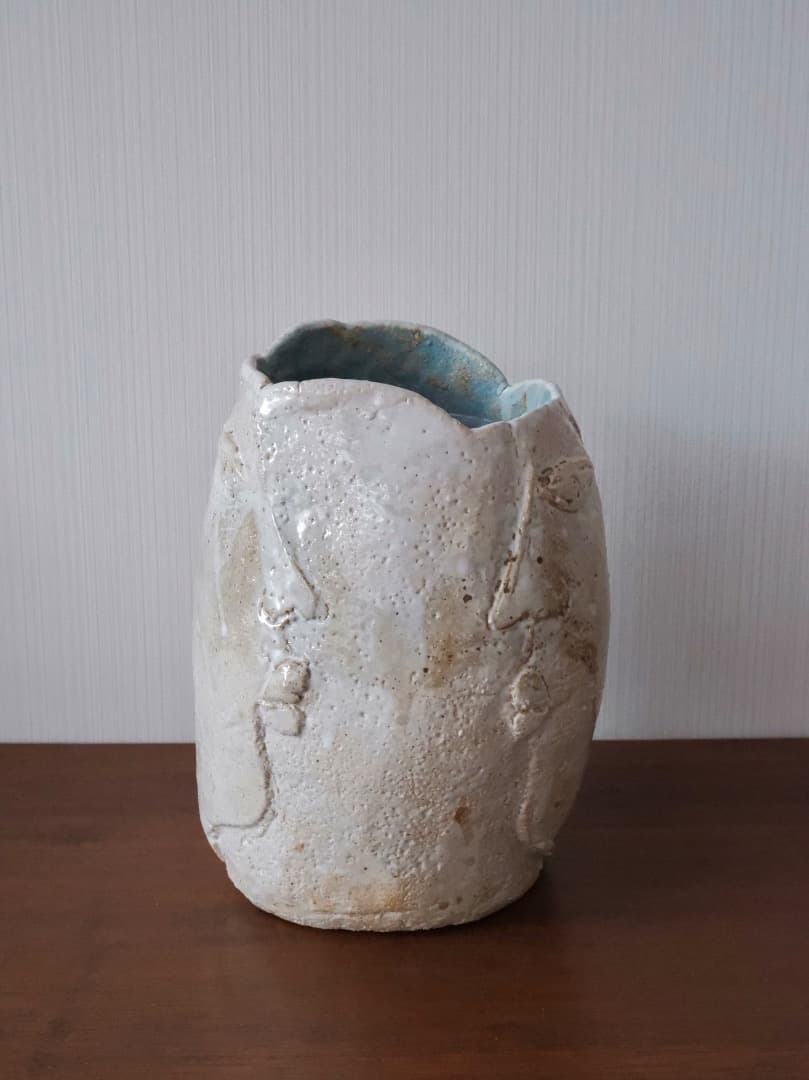 双面文　花瓶　現代芸術　華道具　内筒銅　箱付　Q2588
