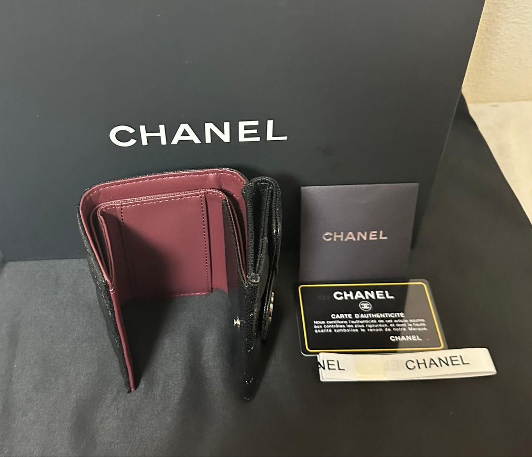 CHANEL キルティングレザー折り財布ブラック