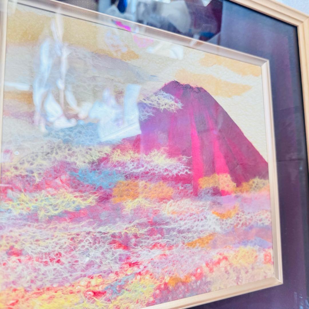 【極美品】縁起物 赤富士 ちぎり絵 額装 運気上昇 金運 富士山 アート　L