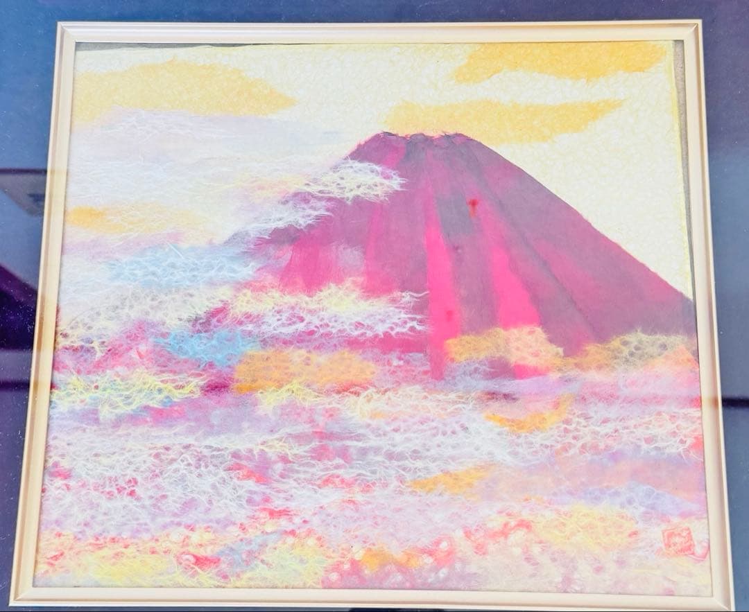 【極美品】縁起物 赤富士 ちぎり絵 額装 運気上昇 金運 富士山 アート　L