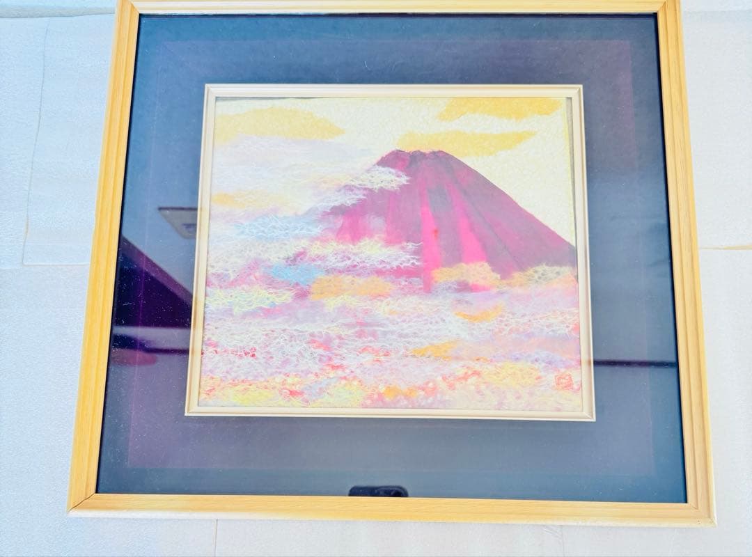【極美品】縁起物 赤富士 ちぎり絵 額装 運気上昇 金運 富士山 アート　L