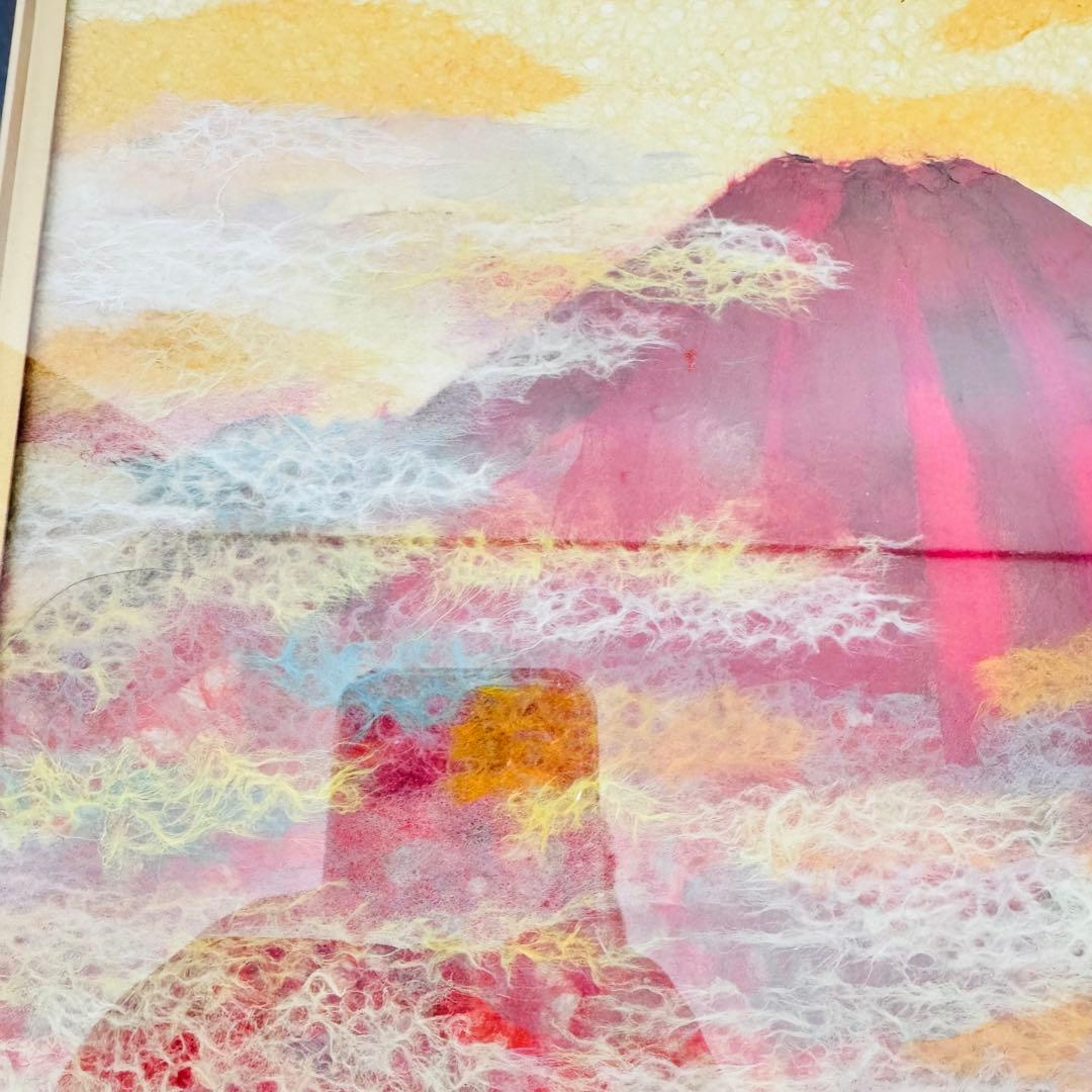 【極美品】縁起物 赤富士 ちぎり絵 額装 運気上昇 金運 富士山 アート　L