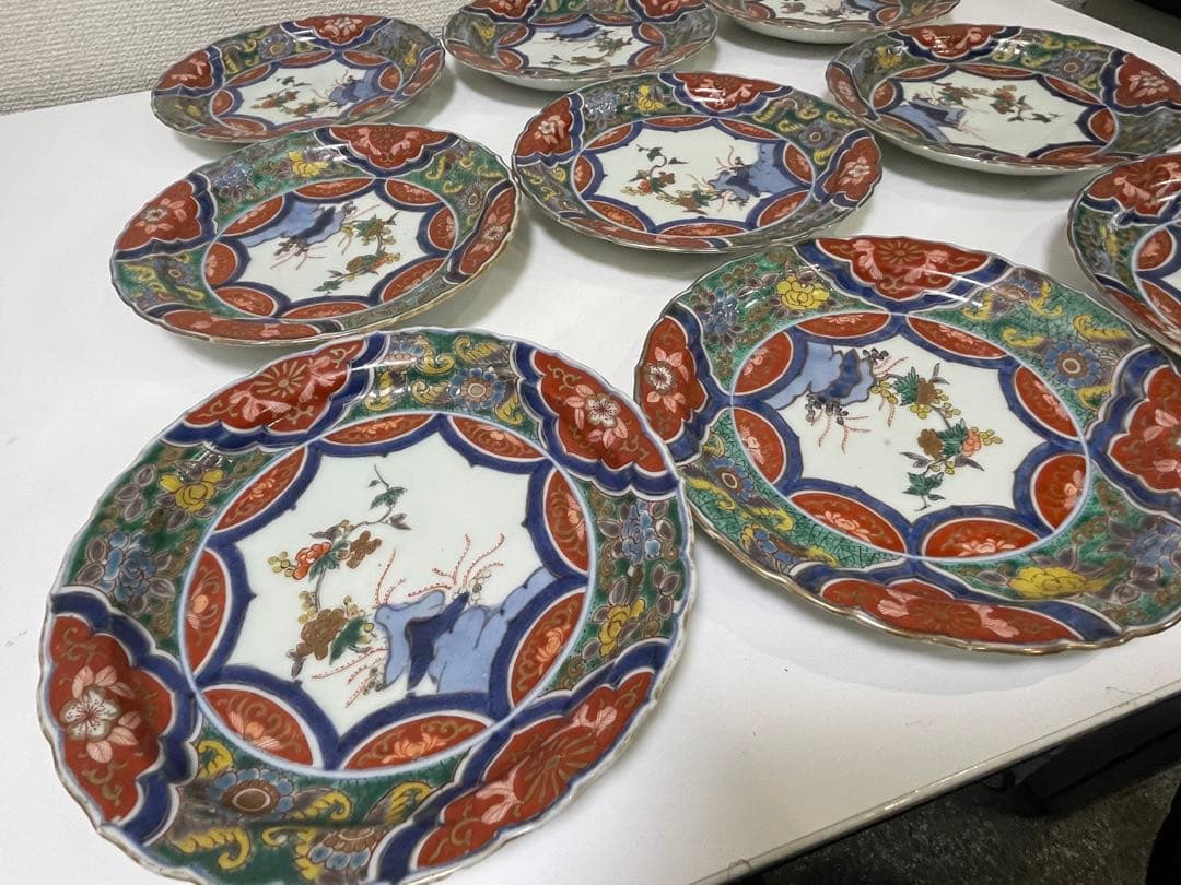 【現状品】古伊万里 金彩 色絵 染付 陶器 花柄 中皿 割烹 懐石 9枚 ①