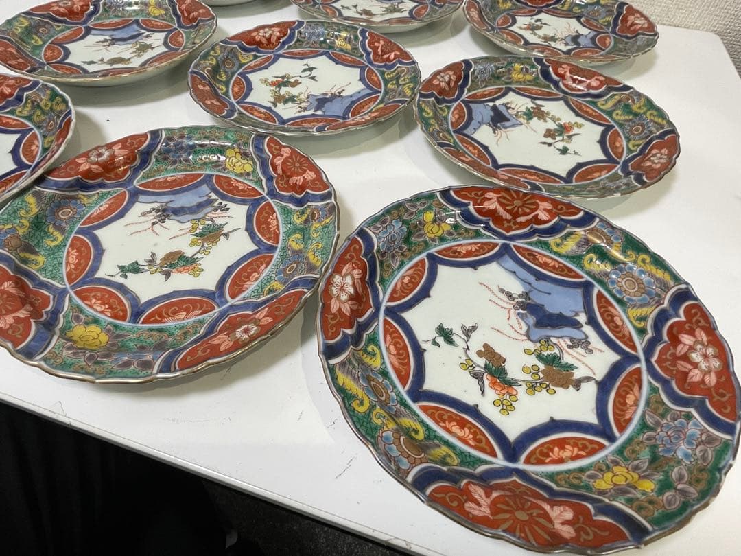 【現状品】古伊万里 金彩 色絵 染付 陶器 花柄 中皿 割烹 懐石 9枚 ①