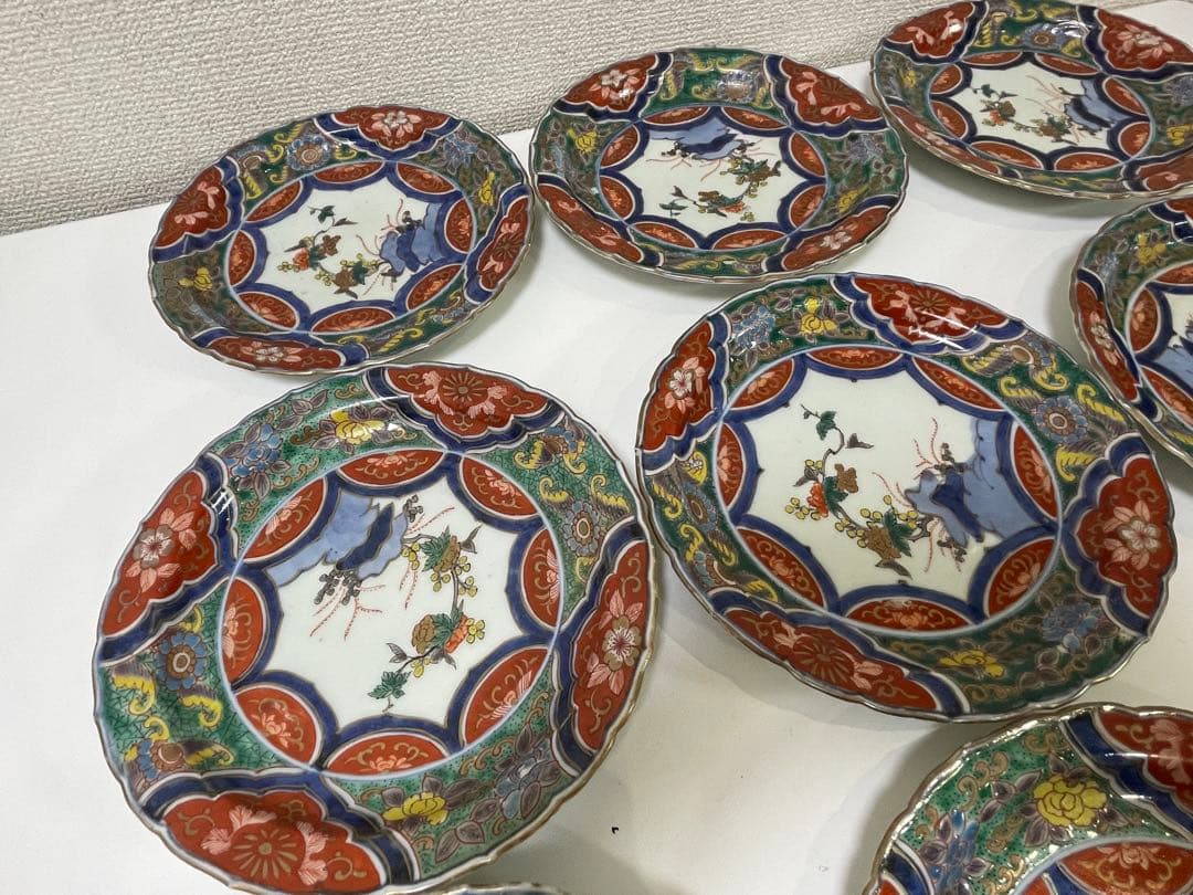 【現状品】古伊万里 金彩 色絵 染付 陶器 花柄 中皿 割烹 懐石 9枚 ①