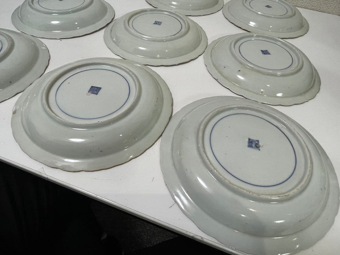 【現状品】古伊万里 金彩 色絵 染付 陶器 花柄 中皿 割烹 懐石 9枚 ①