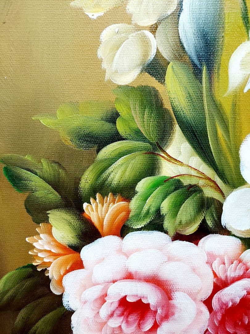 油絵　洋風　美品　高級額付き　手書き　花2