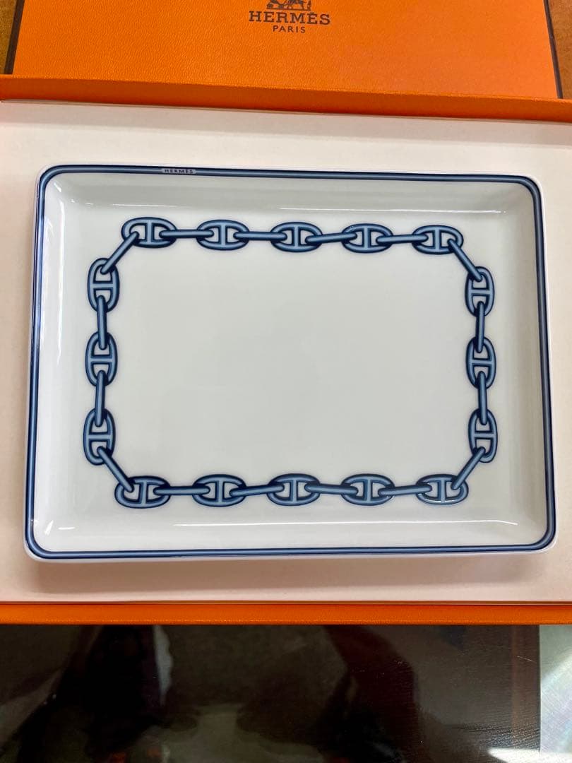 エルメス　シェーヌダンクル　ブルー　12×16cm　長方形プレート　HERMES