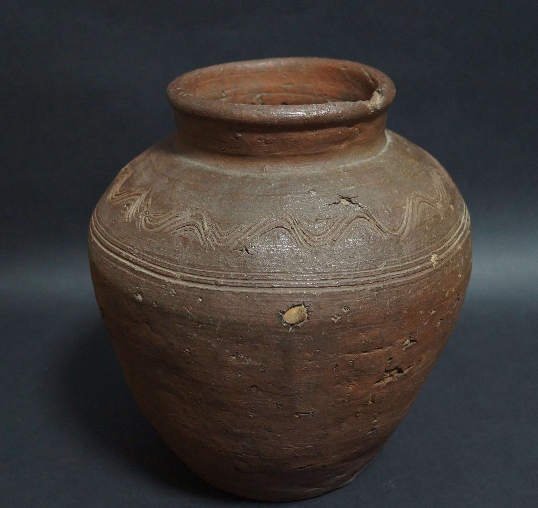 古備前 波状文壺 種壺 花器/花瓶/花生/飾壷/古陶/焼物 重3.5kg 茶道具