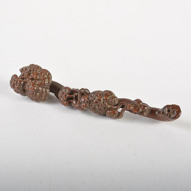 中国　唐木紫檀彫刻　霊芝　如意　C　6708E