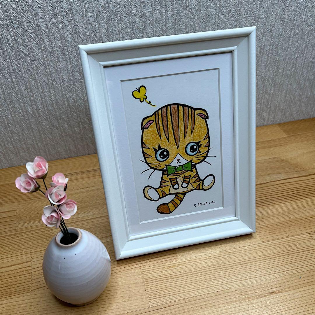 動物 原画 絵 手描き 癒し 猫 アート 一点物 額縁付き『まあるい時間』
