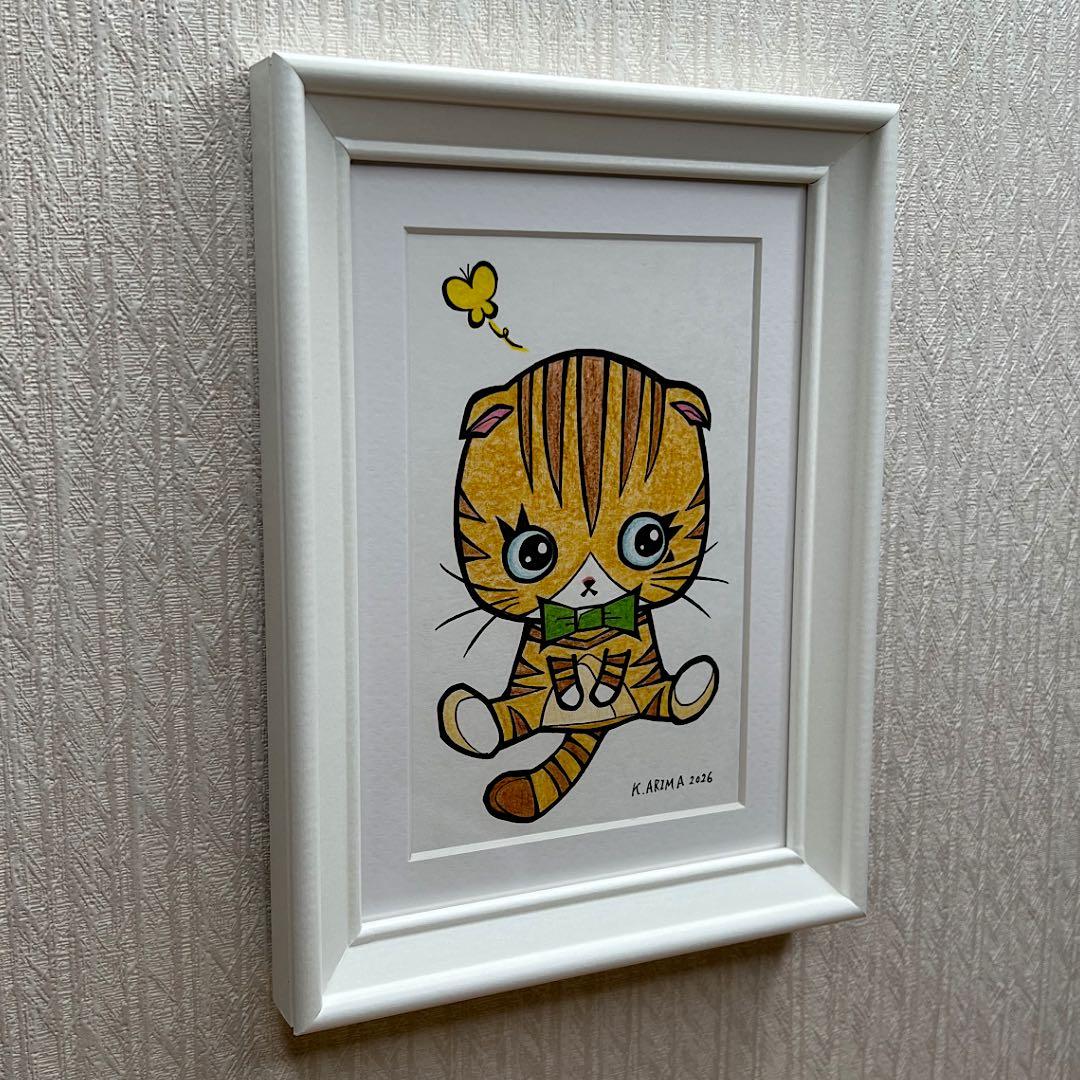 動物 原画 絵 手描き 癒し 猫 アート 一点物 額縁付き『まあるい時間』