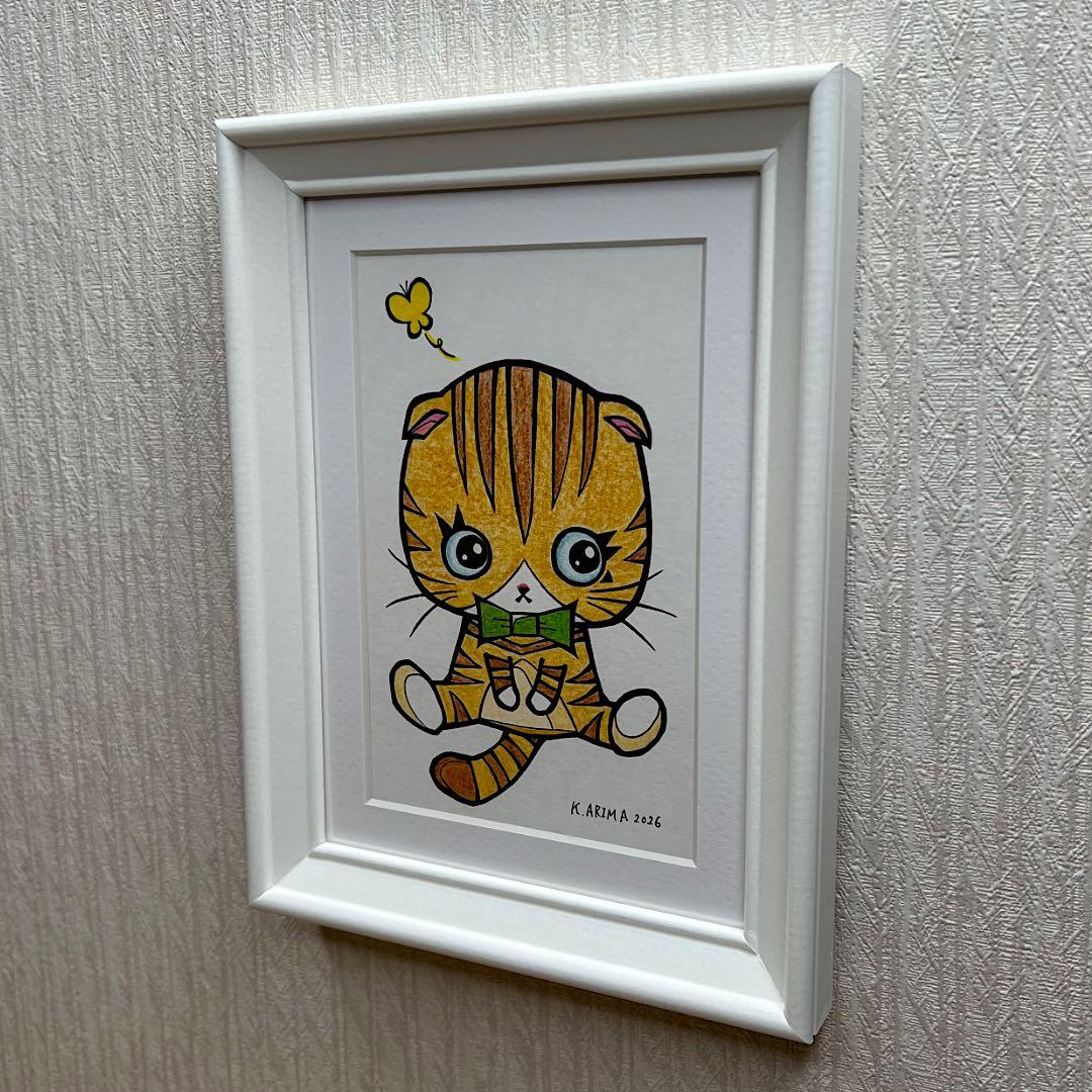 動物 原画 絵 手描き 癒し 猫 アート 一点物 額縁付き『まあるい時間』